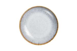 Food cooking background, empty white craft plate on table. Table setting. Isolated on white background photo