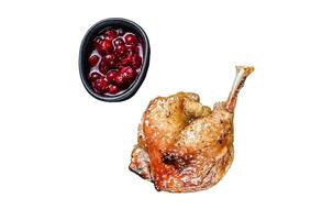 Roasted duck leg confit with cranberrie sauce. Isolated on white background, Top view. photo