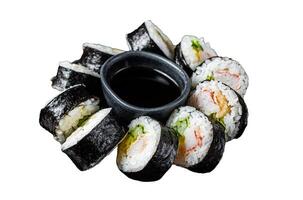Korean rice roll Kimbap or gimbap made from steamed white rice. Isolated, white background. photo