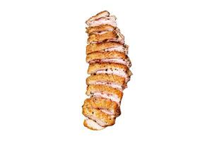 Grilled duck breast steak with baked asparagus. Isolated on white background. Top view. photo