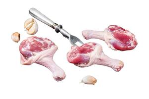 Fresh Raw Duck legs on meat fork with herbs. Isolated on white background, top view. photo