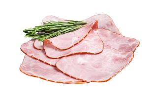Square Sliced pork meat ham on plate. Isolated, white background. photo