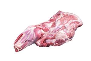 Raw lamb shoulder meat on butcher table. Isolated on white background photo