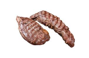 Grilled Sirloin flap or Bavette beef meat steak on a griil with herbs. Isolated on white background. photo
