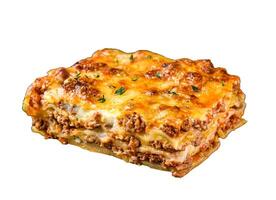 Lasagna with mince beef meat and tomato bolognese sauce on a plate. Isolated on white background. photo