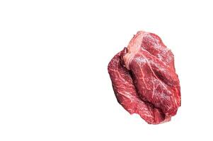 Fresh raw beef meat sirloin steaks, herbs and spices around cutting board. High quality Isolate, white background. photo