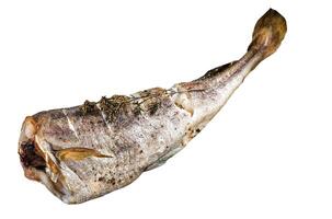 Roasted cod white fish with thyme on marble board. Isolated on white background photo