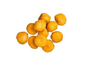 Creamy Mashed Potato Croquettes with Cheese served on a marble board. Isolated on white background. photo