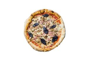 Italian Pizza with ham, mushrooms and Basil. Isolated on white background photo