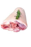 Raw pork Eisbein knuckle ham on a wooden board with meat cleaver. High quality Isolate, white background. photo
