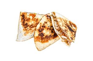 Mexican quesadilla with chicken, tomato, corn and cheese. Isolated on white background, top view. photo
