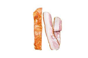 Smoked pork belly bacon block. Isolated on white background, Top view. photo
