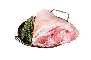 Raw pork shank knuckle in a steel tray with herbs. Isolated on white background. Top view. photo
