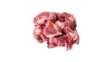 Raw beef meat diced for stew with bone. High quality Isolate, white background. photo