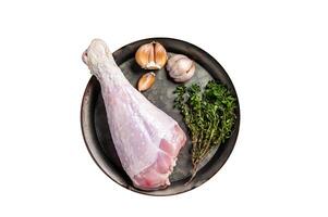 Uncooked turkey legs Drumsticks, raw Poultry meat. Isolated on white background. photo
