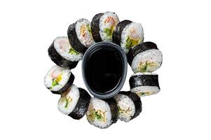 Korean rice roll Kimbap or gimbap made from steamed white rice Isolated, white background. photo