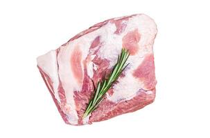 Pork Neck raw meat piece Isolated on white background, top view. photo