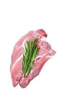 Fresh Raw pork shoulder meat cut with ingredients and spices on kitchen background. High quality Isolate, white background. photo