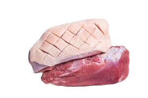 Duck breast fillet on butcher table, raw poultry meat. Isolated on white background. photo
