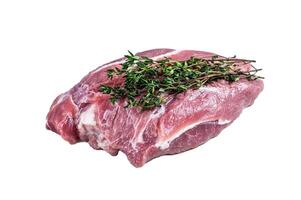 Raw pork shoulder meat on a butcher table. Isolated on white background. photo