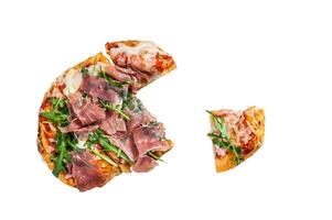 Italian Pizza with parma ham, arugula and cheeseon a kitchen table. High quality Isolate, white background. photo
