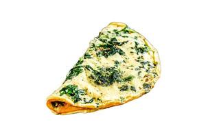 Spinach quiche on a plate with tomatoes and parsley. Isolated on white background. Top view. photo
