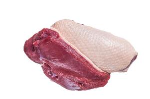 Raw uncooked Duck breast fillet steaks on butcher table. High quality Isolate, white background. photo