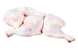 Fresh raw chicken thighs, legs on a chopping Board. Isolated on white background. Top view. photo