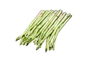 banches of fresh green asparagus. Isolated on white background. Top view. photo