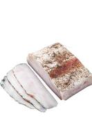 Sliced Salty lard with garlic and black pepper on marble board. High quality Isolate, white background. photo