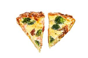 Homemade quiche tart with red fish and broccoli. Isolated on white background. Top view. photo