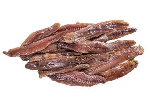 Canned Anchovies fish fillet in Olive Oil. Isolated on white background, top view. photo