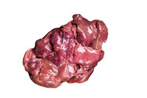 Raw chicken liver, fresh fowl giblets on wooden board. Isolated on white background. photo