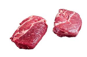 Raw Chuck eye roll beef steak on butcher table. High quality Isolate, white background. photo