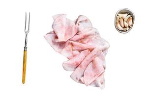 Ham Thin sliced Isolated on white background, top view. photo