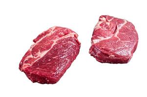Raw Chuck eye roll beef steak on butcher table. Isolated on white background. photo