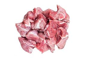 Fresh Raw Diced pork cubs meat with spices Isolated on white background, top view. photo