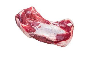 Fresh Raw lamb mutton shoulder meat in a wooden tray with thyme. Isolated on white background. photo