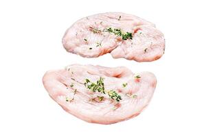 Raw Turkey steaks in a pan. fresh breast meat. Isolated on white background. Top view. photo