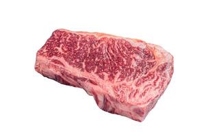 Raw striploin or New york steak on a butcher table. Isolated on white background. photo