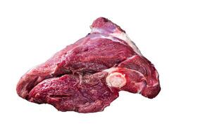 Raw lamb mutton thigh on butcher table. High quality Isolate, white background. photo