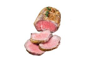 Roast Tenderloin beef fillet meat Isolated on white background, top view. photo