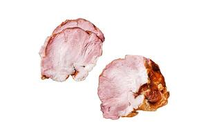 Smoked pork meat - gammon with herbs on rustic plate. Isolated on white background, top view. photo