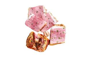 Smoked pork Slab Bacon meat slices Isolated on white background, top view. photo