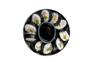 Korean rice roll Kimbap or gimbap made from steamed white rice. Isolated on white background. photo
