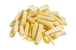 Frozen Crinkle French fries potatoes sticks. Isolated on white background, top view. photo