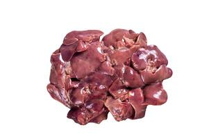 Raw chicken liver meat on butcher table. Isolated on white background. photo
