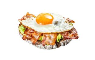 Open sandwich with avocado, fried bacon and egg. Isolated on white background. photo