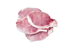 Raw pork cutlet chop steak for fry on pan with herbs. Isolated, white background. photo