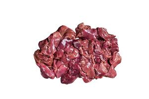 Raw chicken liver meat in steel tray with spices. Isolated on white background. photo